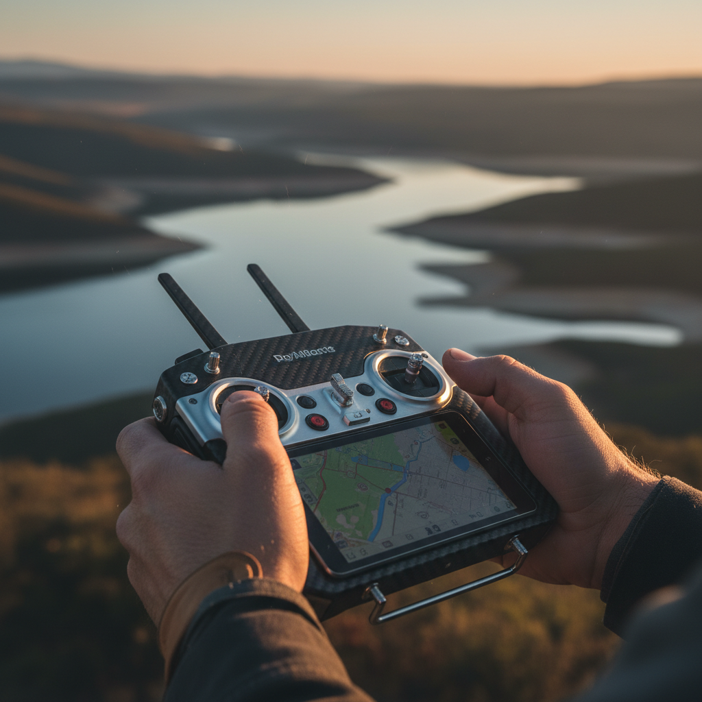 Persona sosteniendo un control remoto de dron con pantalla integrada frente a un paisaje montañoso con un embalse al atardecer.