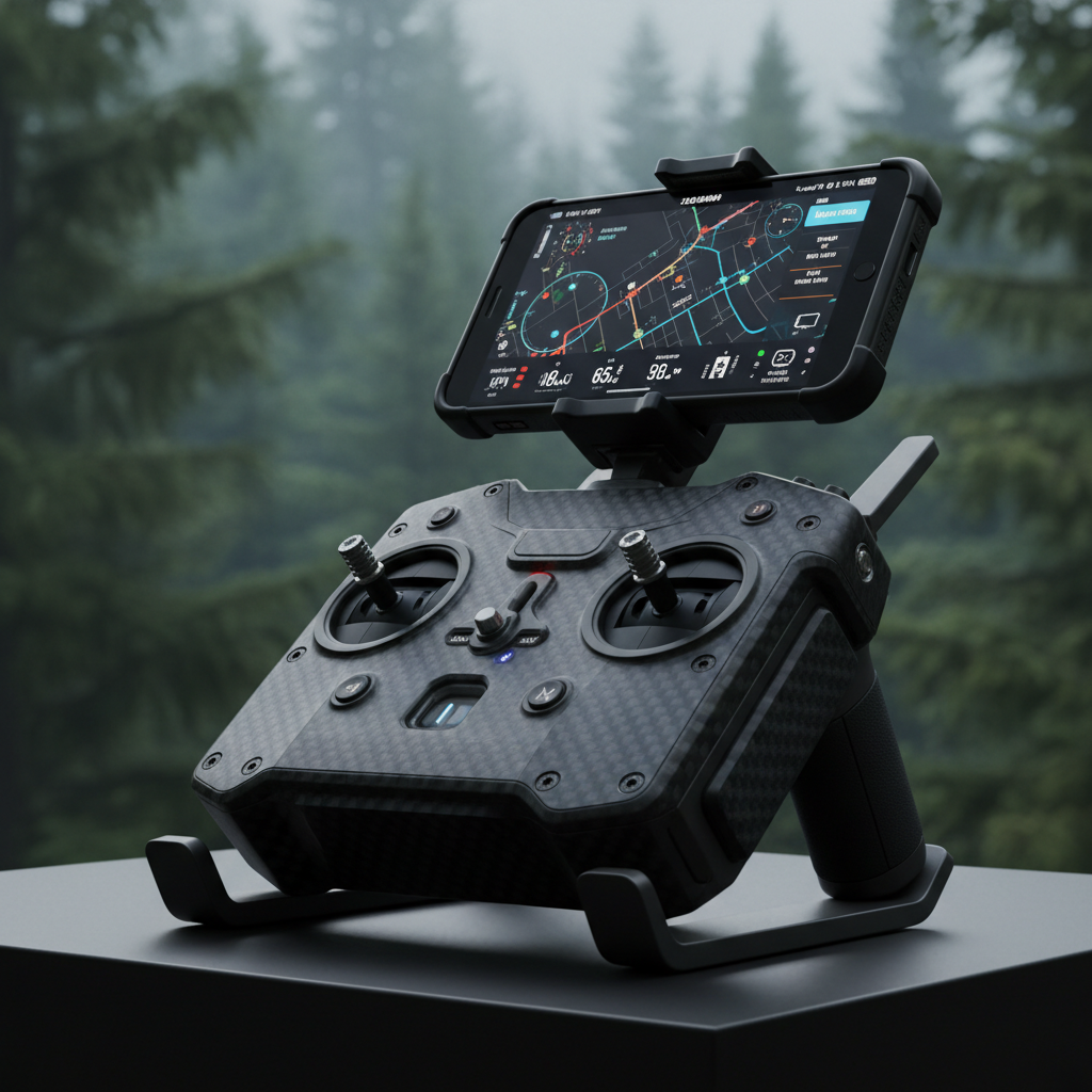 Mando de control remoto para drones con acabado de fibra de carbono y pantalla móvil integrada, posicionado sobre una superficie con un bosque desenfocado de fondo.