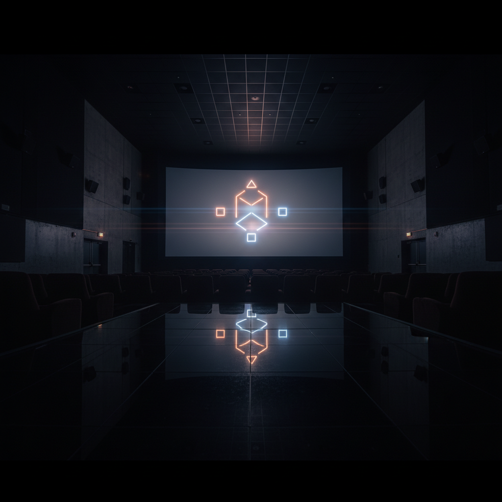 Pantalla de cine iluminada con un logotipo geométrico de neón naranja y azul en una sala oscura con suelo brillante que refleja la luz.