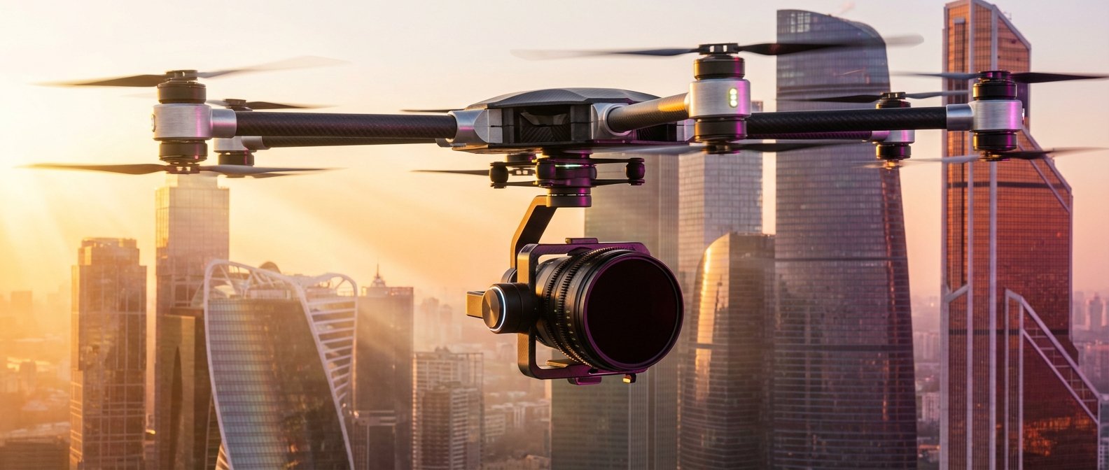 Un dron profesional con una cámara acoplada vuela sobre el horizonte de una ciudad moderna con rascacielos, bajo una luz dorada de atardecer o amanecer.