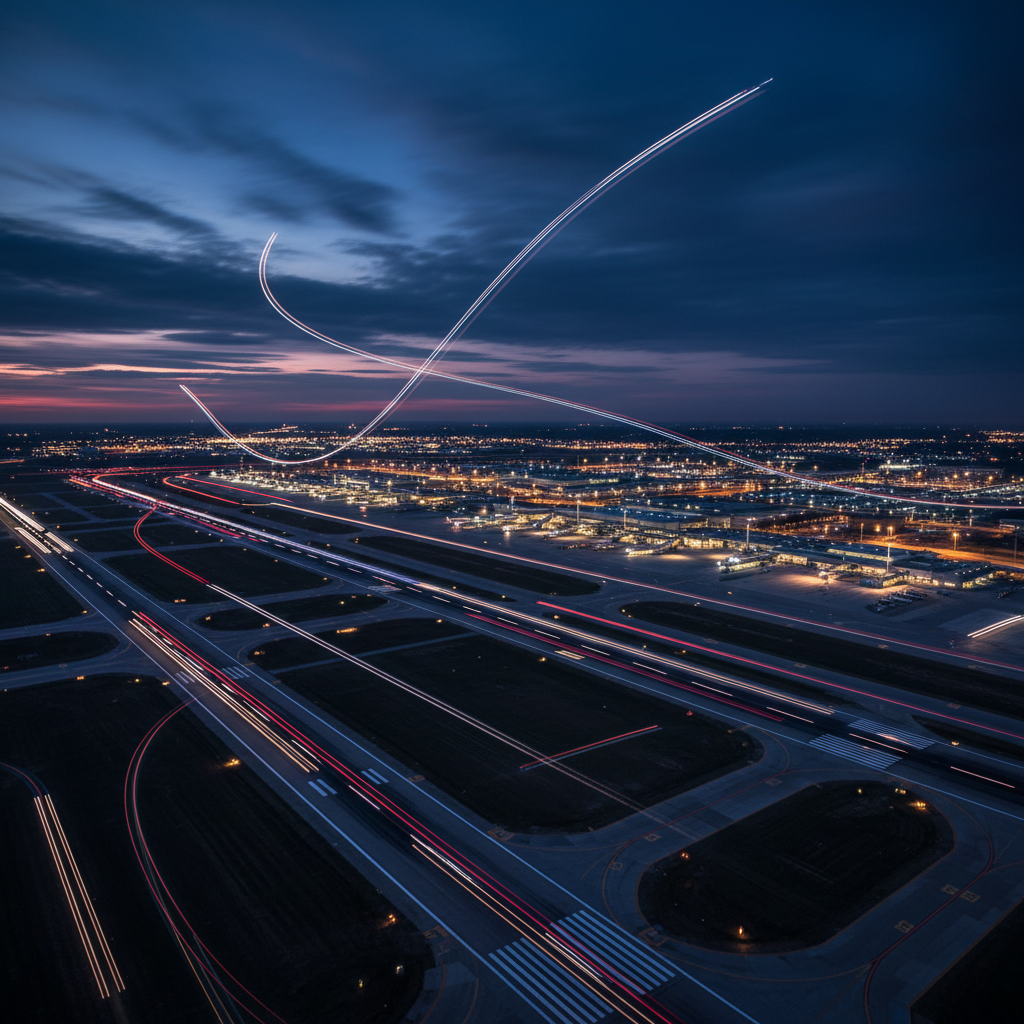 Vista aérea nocturna de un aeropuerto con estelas de luz de aviones en el cielo y tráfico terrestre en las pistas.