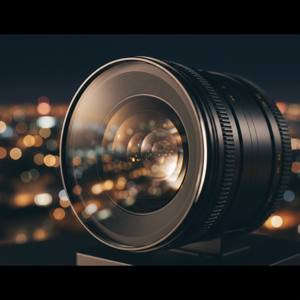 Lente fotográfico de gran apertura posicionado sobre una superficie con un fondo de luces urbanas desenfocadas.