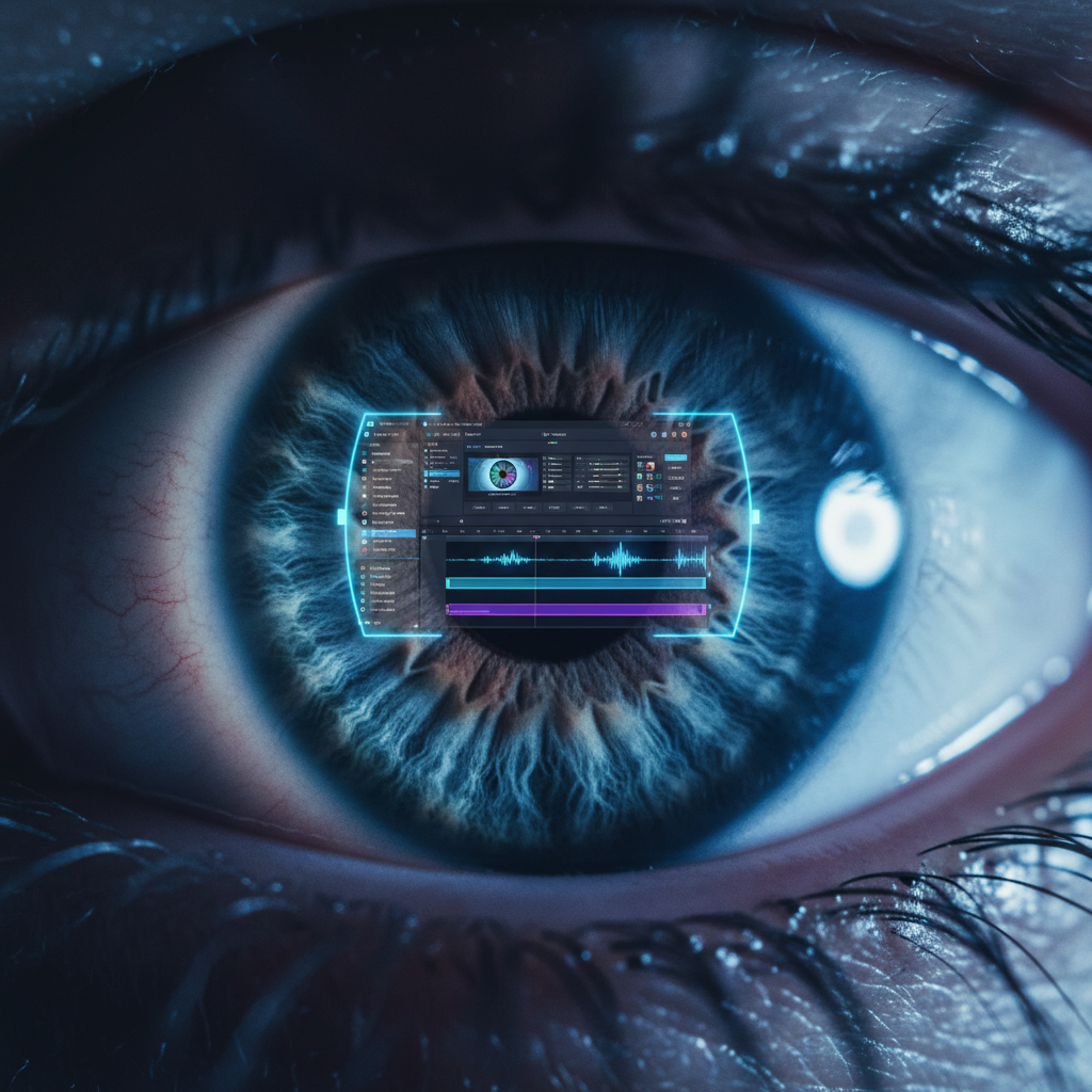 Primer plano de un ojo humano con una interfaz digital de edición de audio y software técnico proyectada sobre el iris.