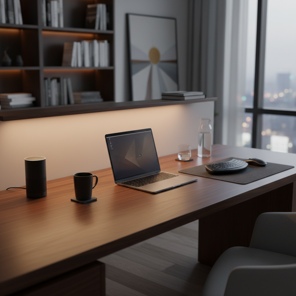 Escritorio de oficina moderno con un portátil, una taza, un altavoz inteligente y artículos de papelería en una habitación con estanterías y vista a la ciudad.