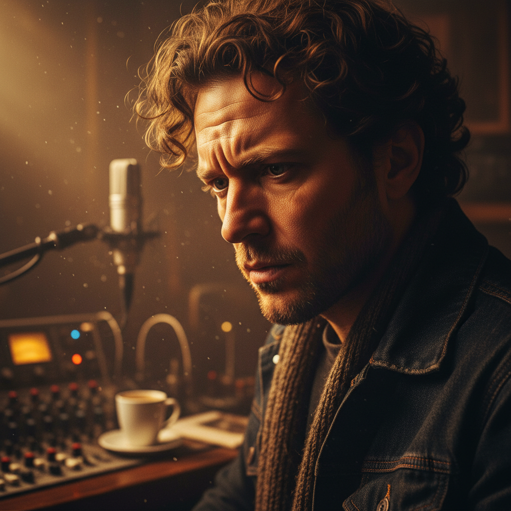 Hombre con cabello rizado y chaqueta de mezclilla frente a un micrófono y consola de audio en un estudio de grabación con iluminación tenue.