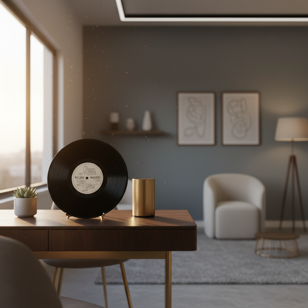 Un disco de vinilo expuesto sobre un escritorio de madera junto a una planta pequeña y un objeto cilíndrico dorado en una sala de estar moderna.