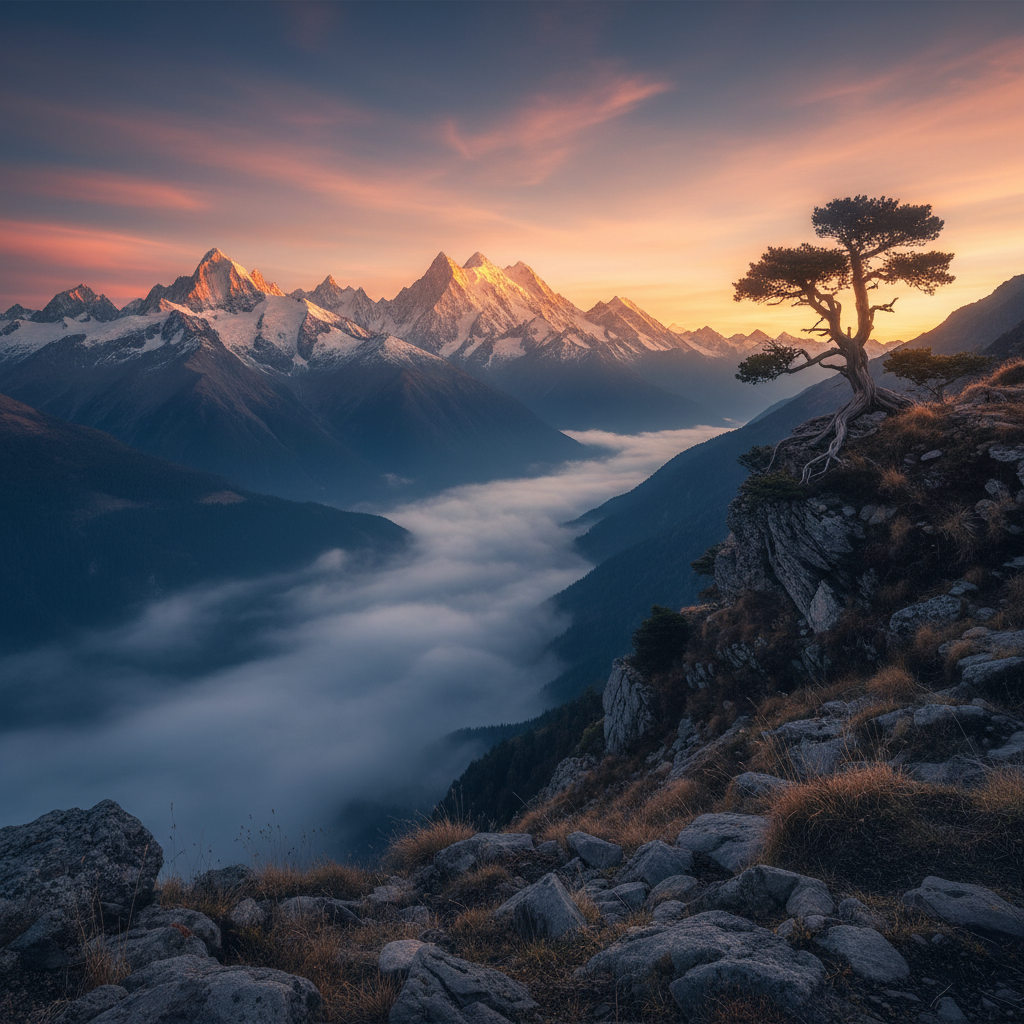 Árbol solitario sobre un acantilado rocoso con vistas a una cordillera nevada sobre un valle cubierto de niebla al atardecer.