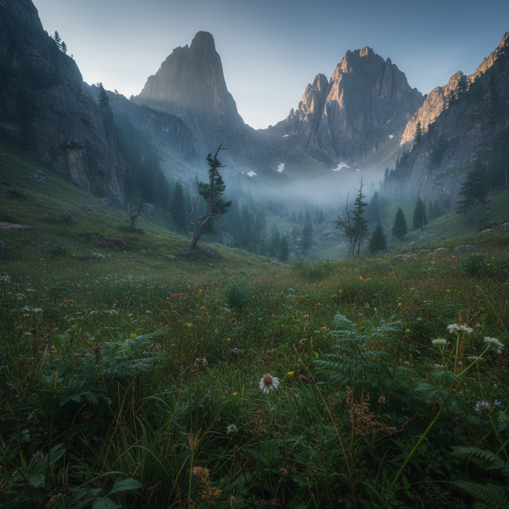 Paisaje de montaña con valles neblinosos, prados verdes y flores silvestres en primer plano.