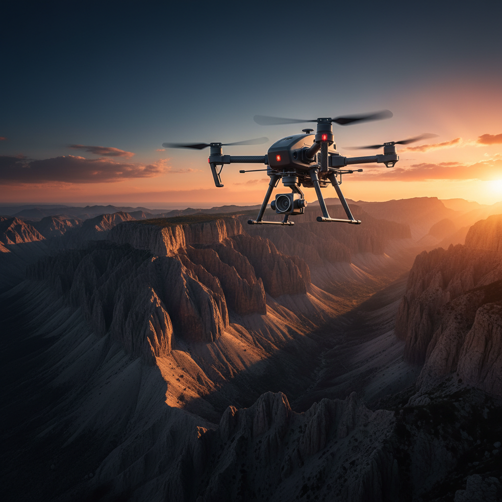 Un dron sobrevolando un cañón rocoso durante la puesta de sol.