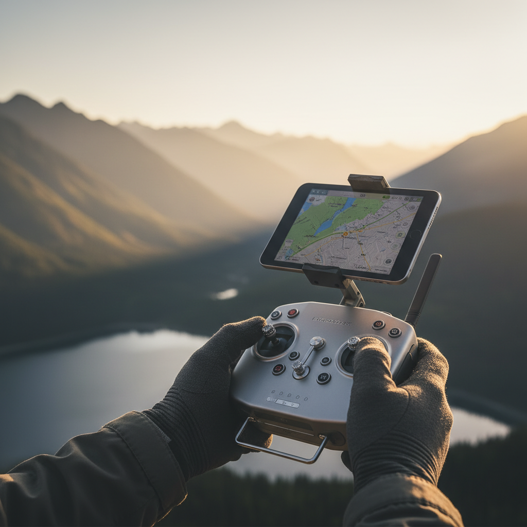 Persona con guantes operando un mando de control remoto de dron con una tableta que muestra un mapa sobre un paisaje de montañas y un lago.