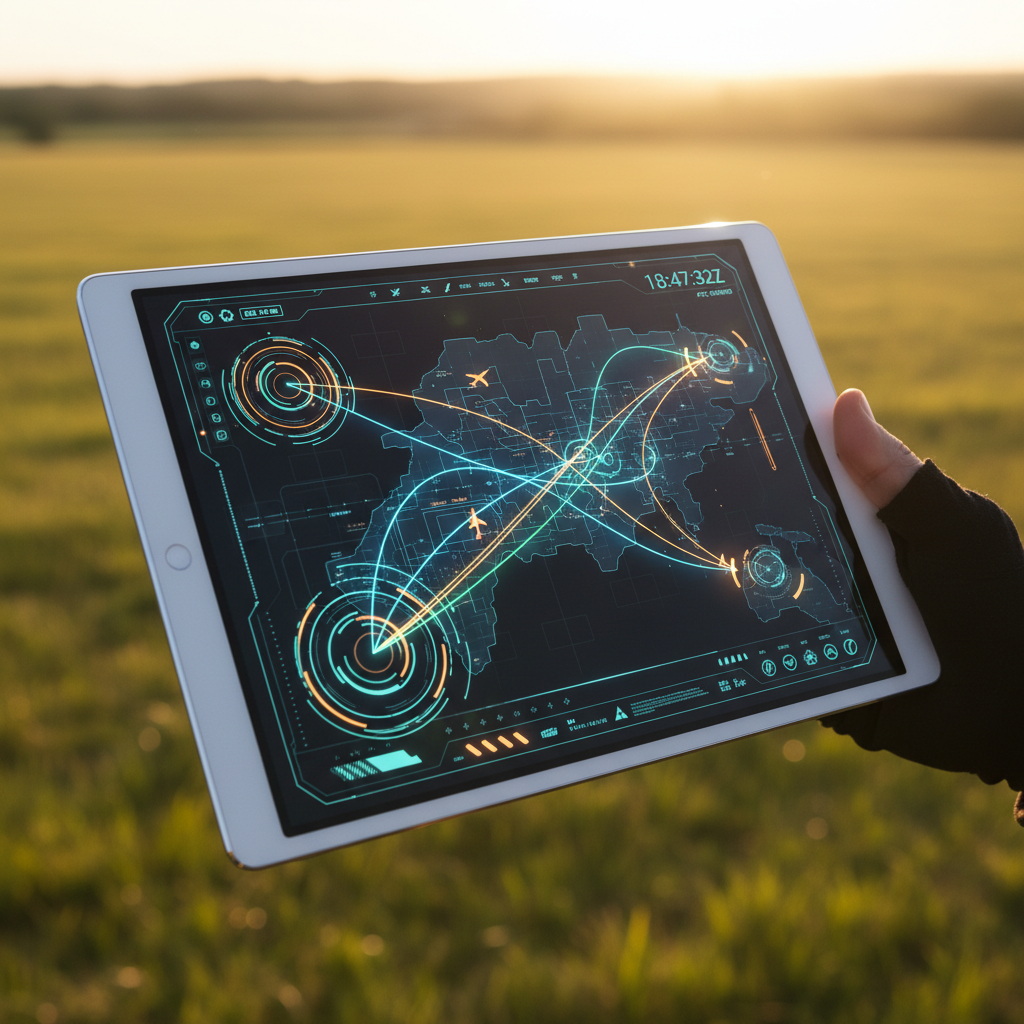 Persona sosteniendo una tableta con una interfaz digital que muestra un mapa mundial con rutas de vuelo conectadas mediante líneas luminosas en un campo al atardecer.