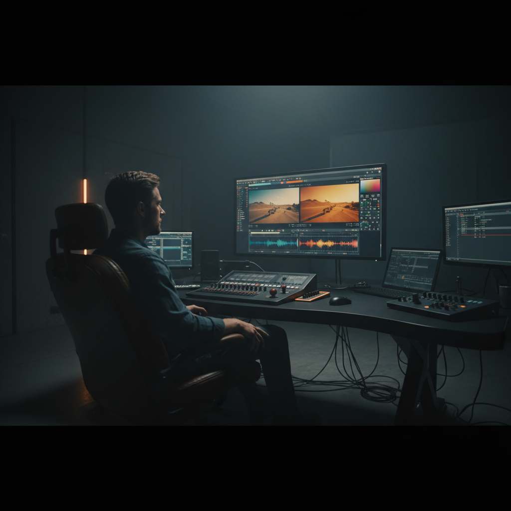 Editor de video trabajando frente a múltiples monitores y una consola de mezclas en un estudio oscuro.