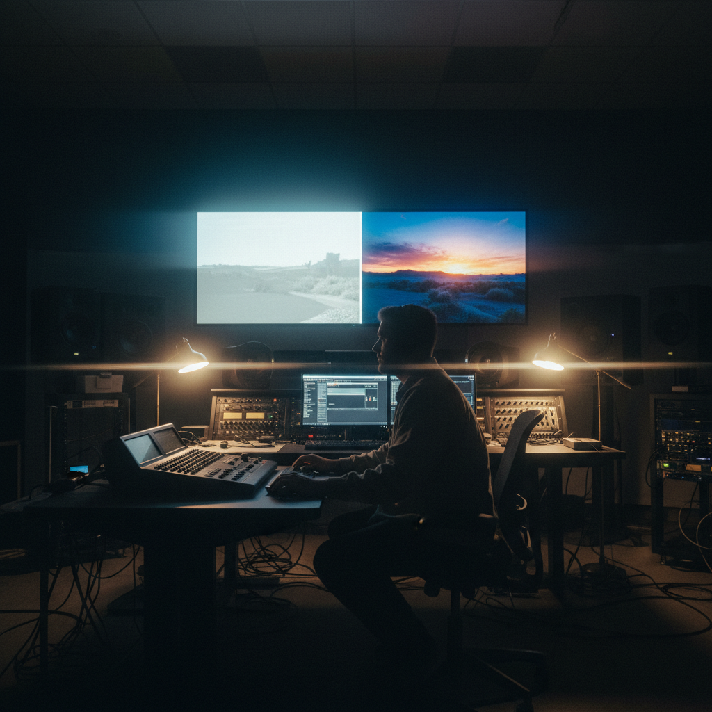 Técnico de sonido trabajando en una consola de mezclas frente a pantallas con monitores en un estudio de grabación con iluminación tenue.