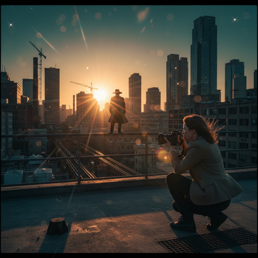 Una fotógrafa retrata a una figura solitaria con gabardina y sombrero de pie sobre una barandilla metálica frente a un horizonte urbano al atardecer.