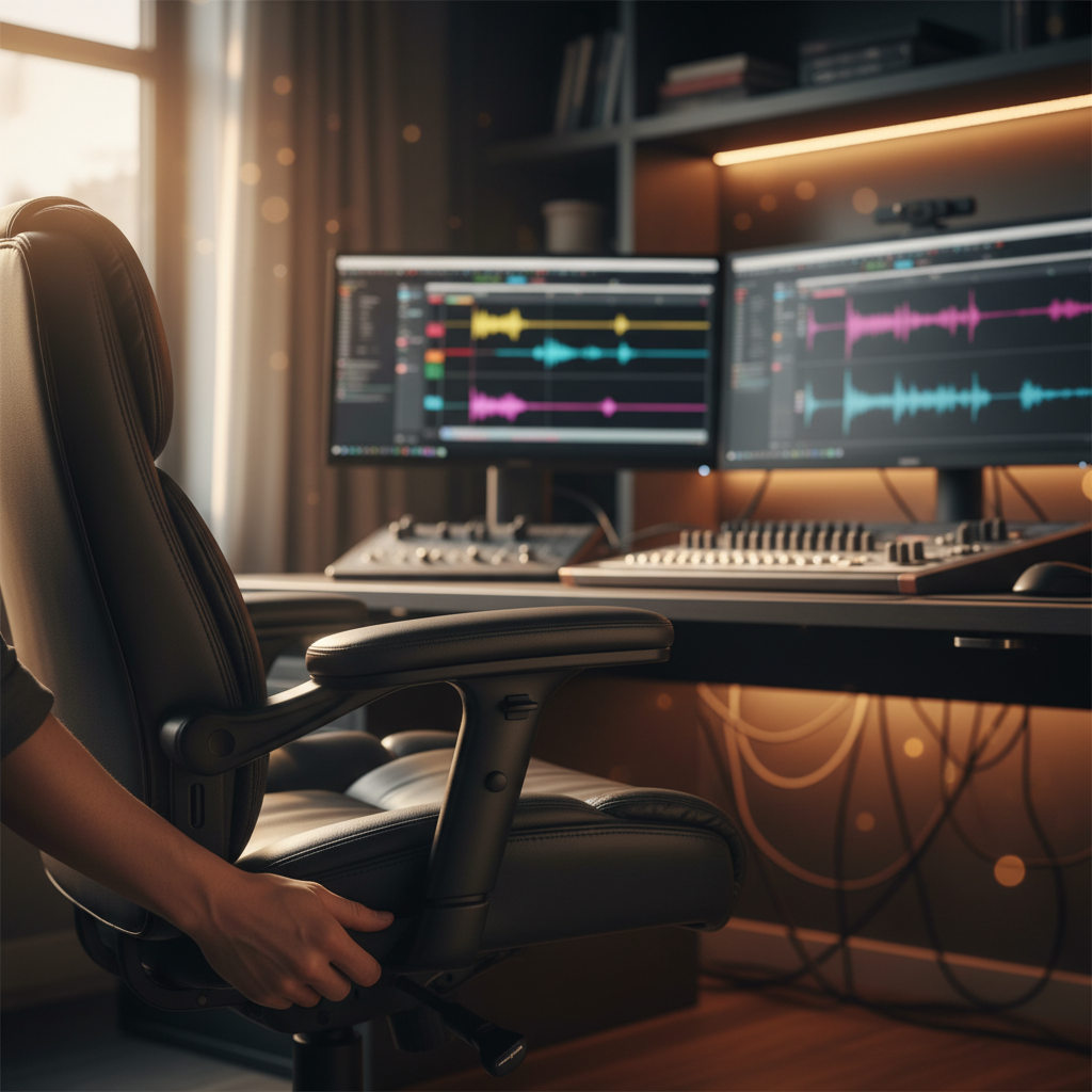 Mano de una persona ajustando una silla de cuero ergonómica frente a un escritorio de producción musical con monitores que muestran ondas de audio.