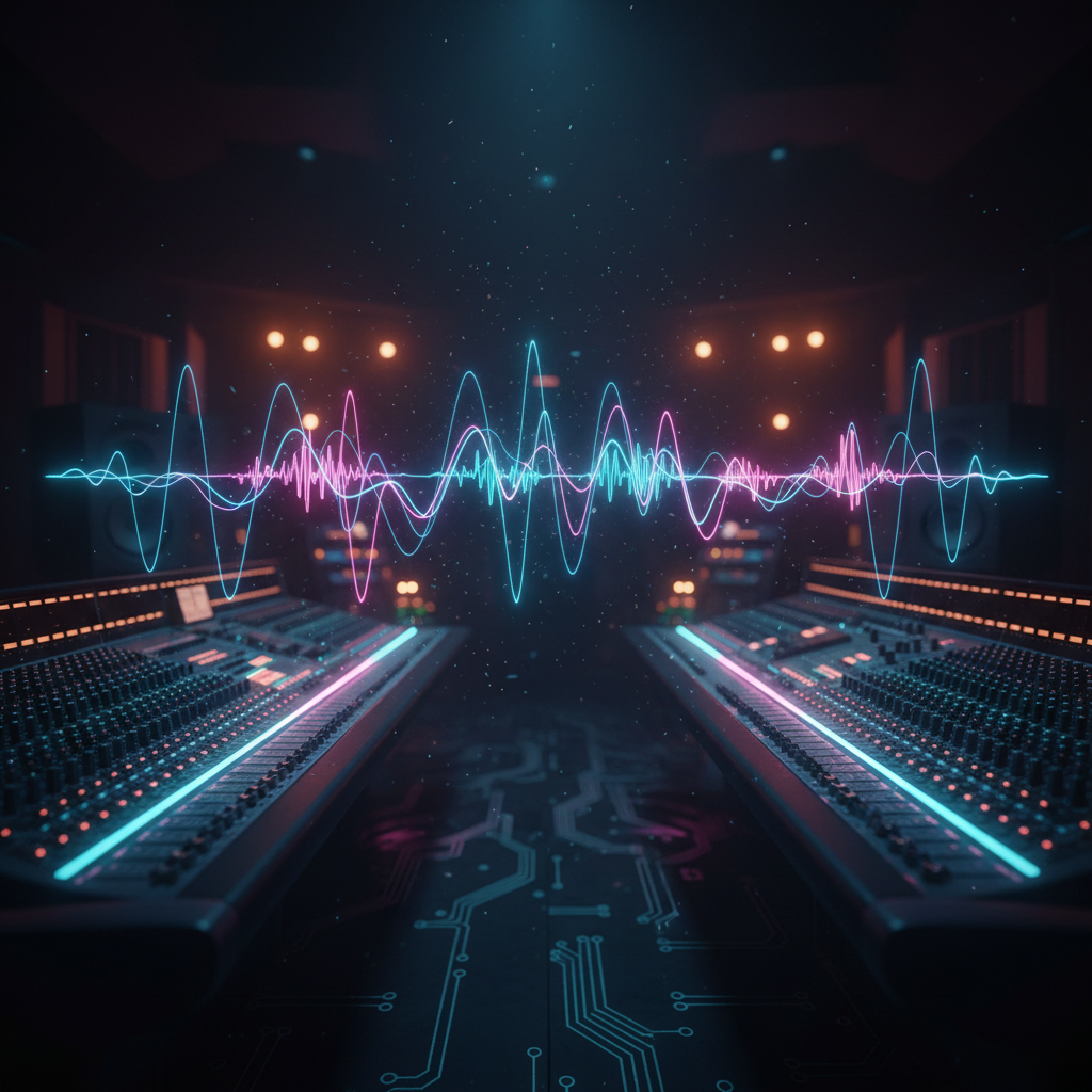 Mesas de mezclas profesionales con ondas de audio digitales brillantes en un estudio de grabación oscuro.