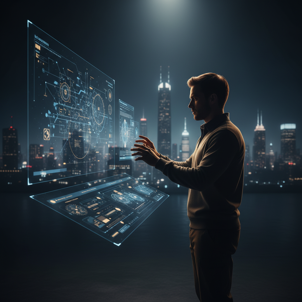 Hombre interactuando con una interfaz holográfica de datos frente a un paisaje urbano nocturno.