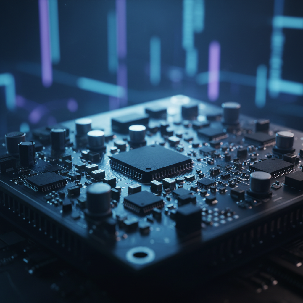 Placa de circuito electrónico con microprocesador central y componentes integrados bajo una iluminación digital azul.