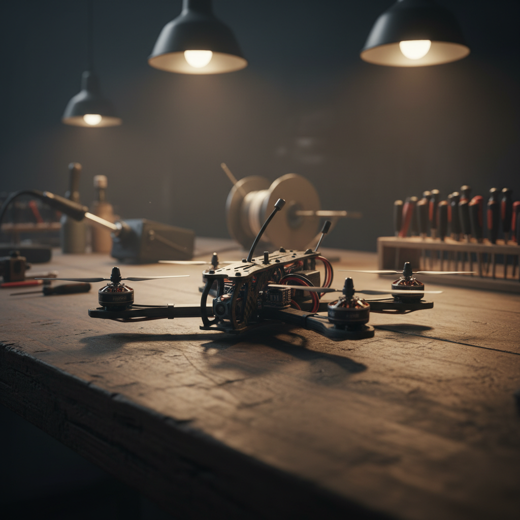 Dron de carreras FPV montado sobre una mesa de trabajo en un taller con herramientas y soldador.