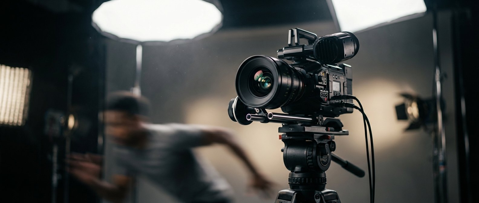 Cámara de vídeo profesional en un trípode en un estudio de grabación con luces y una persona en movimiento borrosa en el fondo.