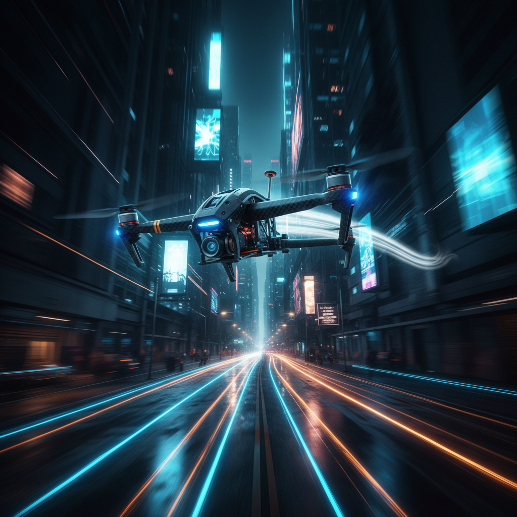 Un dron de carreras con cámara vuela a gran velocidad por el centro de una avenida urbana iluminada con luces de neón.