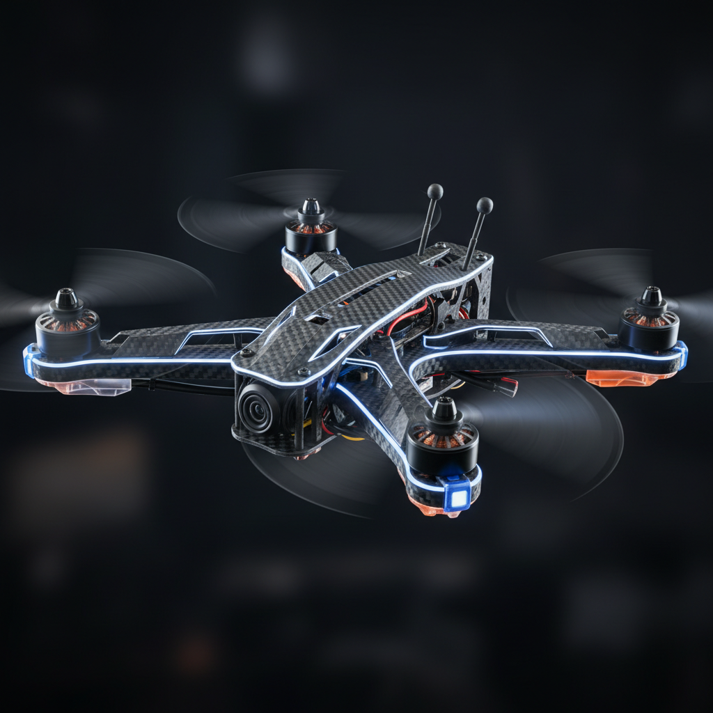 Drone de carreras FPV con chasis de fibra de carbono e iluminación LED volando en fondo oscuro.