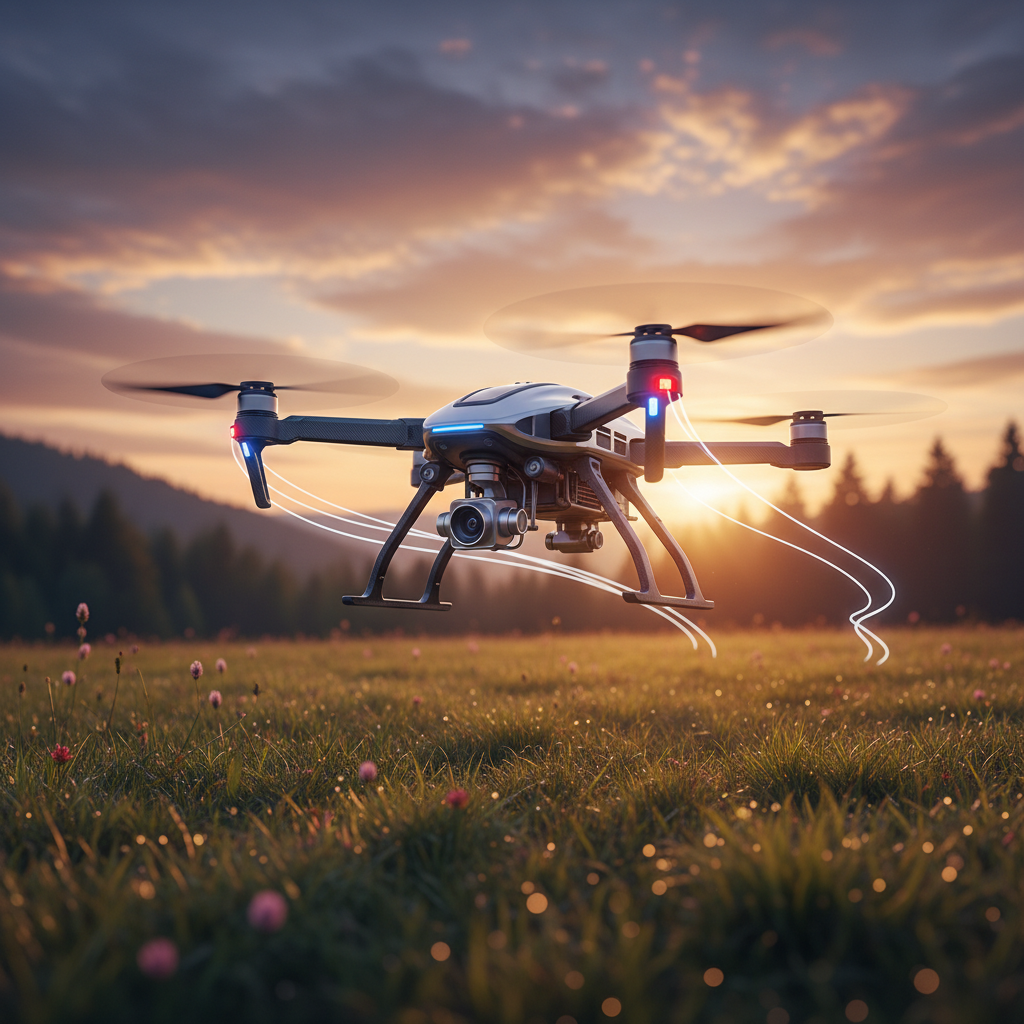 Un dron profesional volando sobre un campo de hierba durante el atardecer con un bosque al fondo.