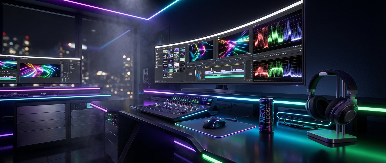 Estudio de edición de vídeo de alta tecnología con múltiples monitores curvos mostrando software de edición y gráficos. El escritorio cuenta con una mesa de mezclas, ratón RGB, auriculares y una bebida energética, todo iluminado por luces de neón moradas, azules y verdes.