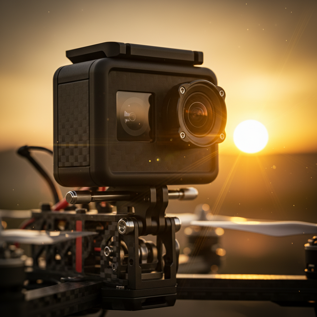 Cámara de acción montada sobre un dron de carreras con estructura de fibra de carbono durante un atardecer.