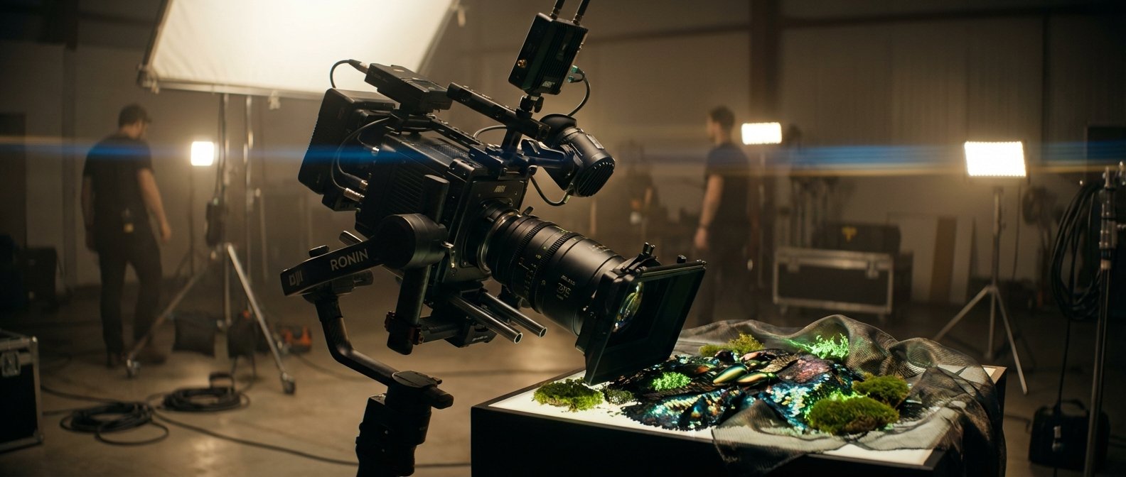 Cámara de cine profesional ARRI en un gimbal DJI Ronin enfocando una maqueta creativa con musgo, tela brillante y elementos luminosos verdes sobre una mesa iluminada. El fondo muestra un estudio de grabación con luces y miembros del equipo.} {