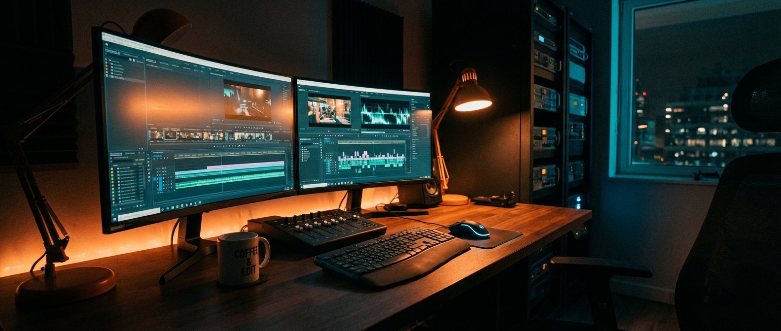 Estación de trabajo de edición de video por la noche, con dos monitores mostrando software de edición, un teclado, ratón, mesa de mezclas y dos lámparas de escritorio. La mesa de madera está iluminada con un brillo cálido, y se ven racks de equipos y una ventana con vista a un paisaje urbano nocturno.