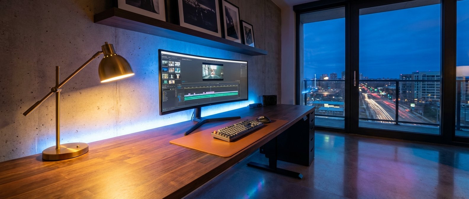 Oficina en casa con escritorio de madera, monitor curvo para edición de video, lámpara de mesa dorada y luces LED azules, frente a una ventana con vista nocturna a la ciudad.