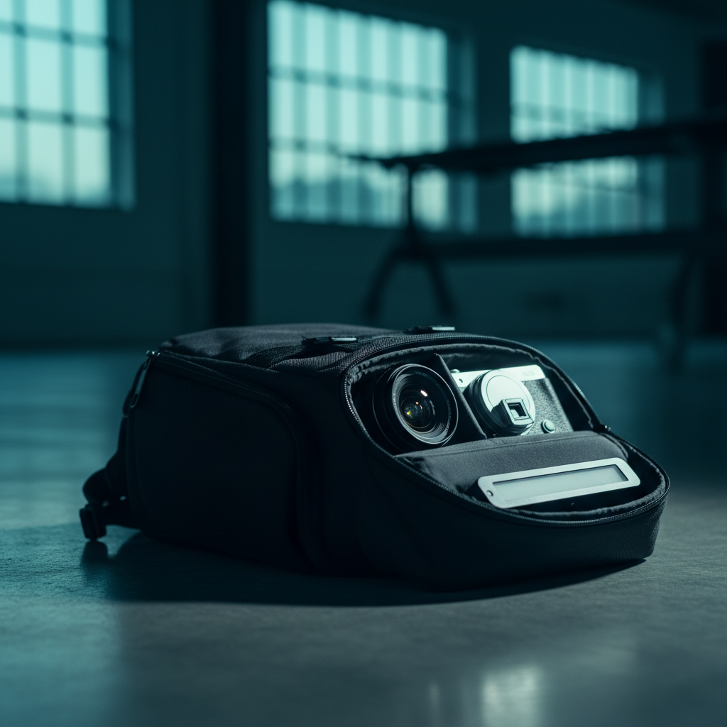 Mochila de fotografía abierta sobre el suelo con una cámara y un objetivo en su interior en una habitación con ventanas.