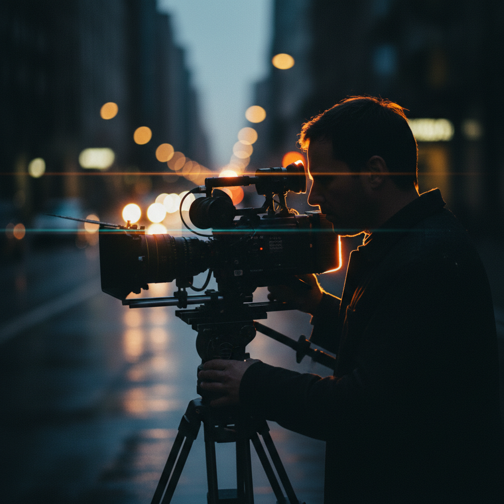 Camarógrafo operando una cámara de cine profesional sobre un trípode en una calle urbana durante la hora azul con luces de fondo desenfocadas.