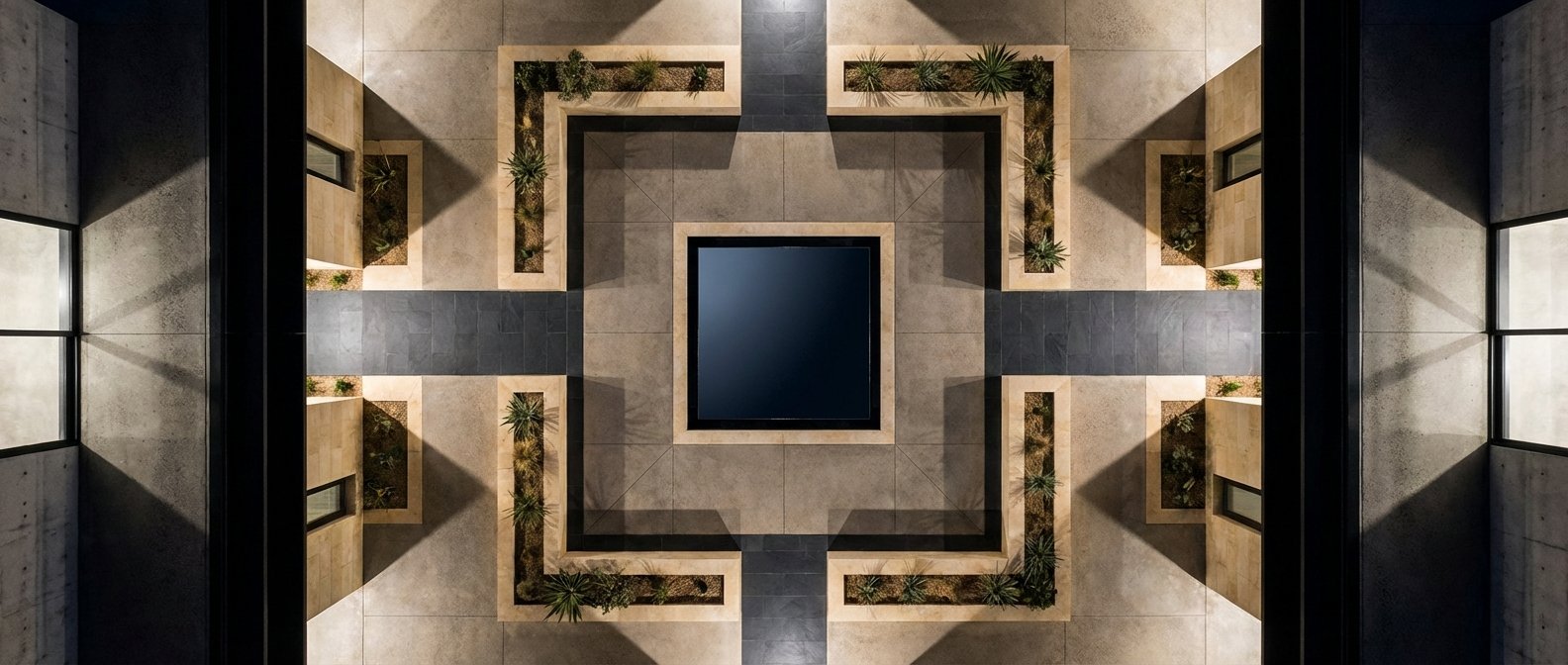 Vista aérea de un patio interior moderno con un estanque cuadrado oscuro en el centro. Alrededor se extienden caminos de baldosas claras y oscuras, y cuatro jardineras en forma de L con plantas verdes. A los lados se ven paredes de hormigón con ventanas y sombras geométricas.