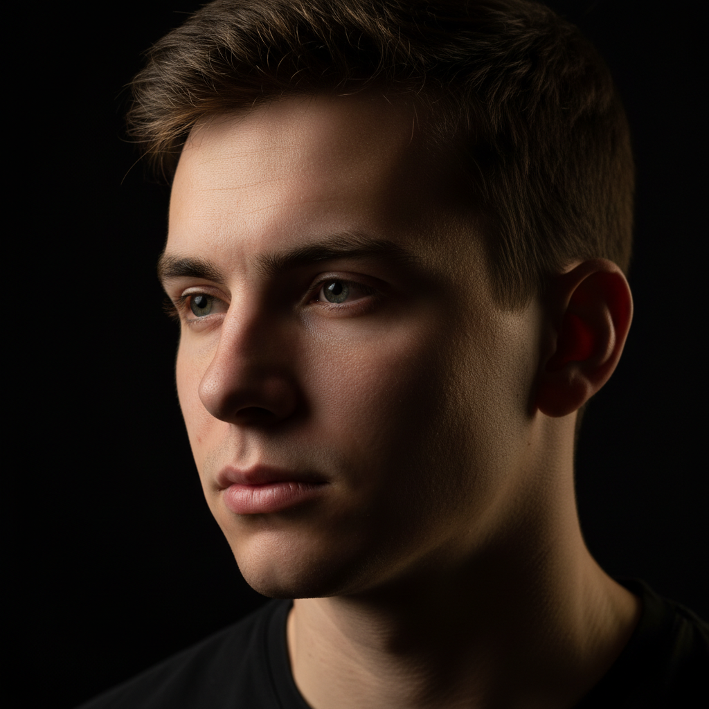 Primer plano de perfil de un joven con cabello castaño y mirada seria sobre fondo negro.