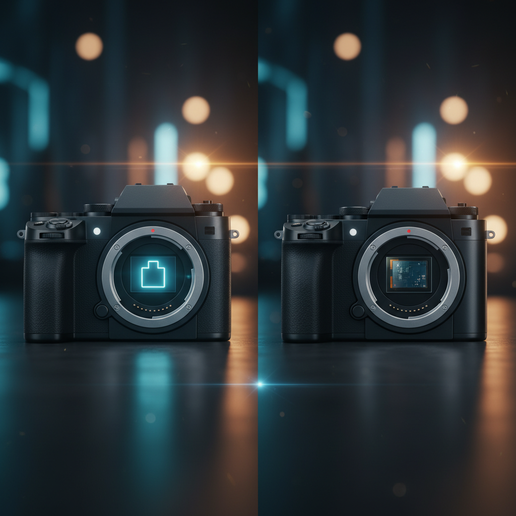 Dos cámaras fotográficas sin objetivo donde se observa el sensor de imagen interno, una mostrando un icono luminoso y la otra un circuito electrónico.