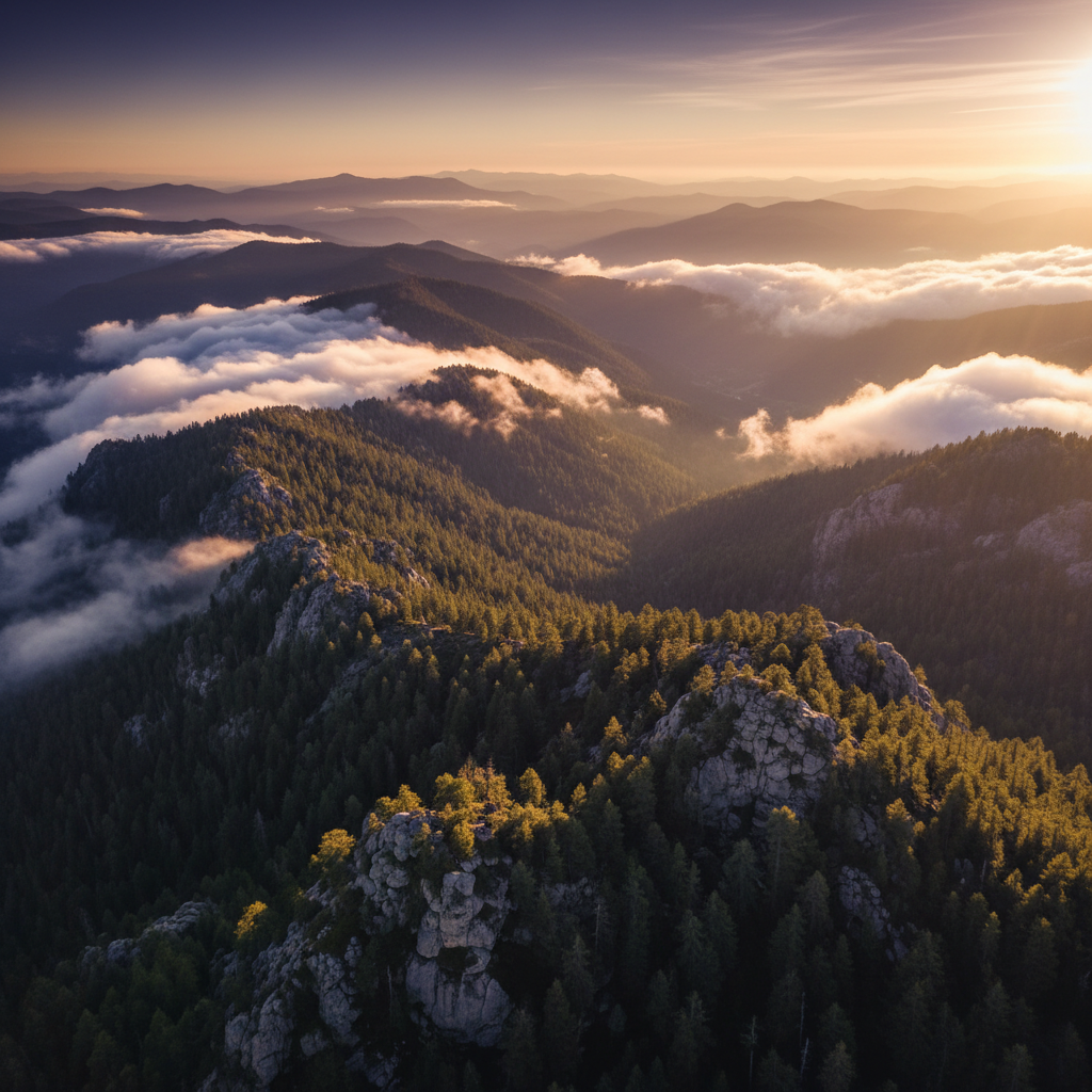 Paisaje de montaña con crestas rocosas, bosques de pinos y nubes bajas al atardecer.