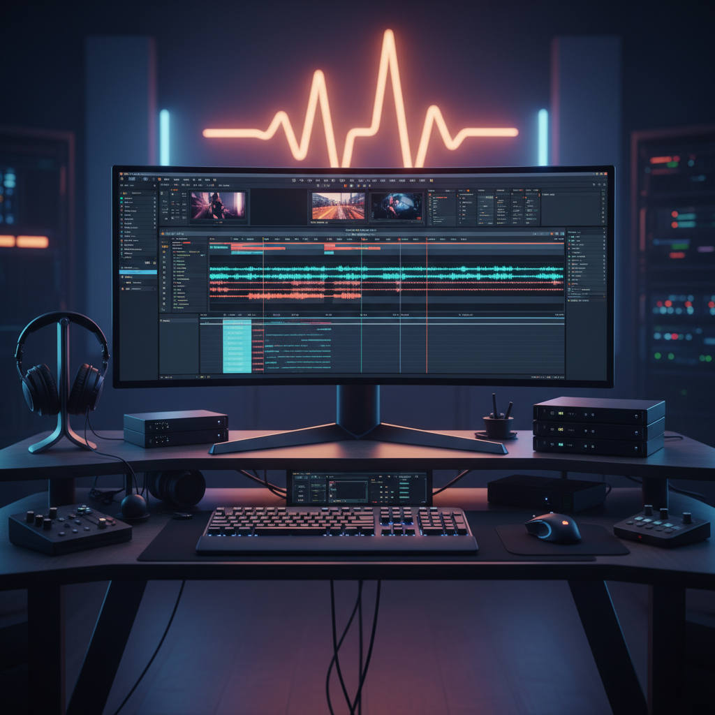 Monitor curvo mostrando una estación de trabajo de edición de audio profesional con formas de onda, teclado mecánico y equipo de estudio en un escritorio oscuro.