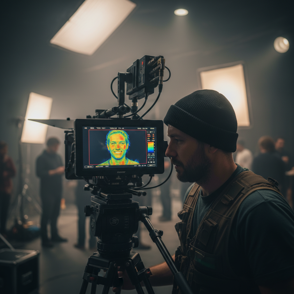 Operador de cámara grabando a una persona con una pantalla de monitor térmico en un set de rodaje.