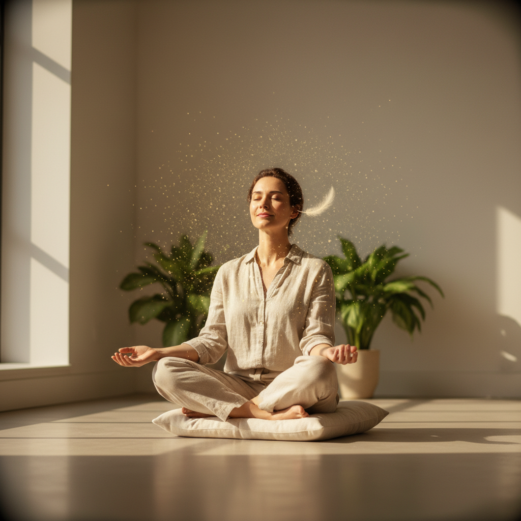 Mujer joven meditando en posición de loto sobre un cojín con partículas de luz y una pluma flotando en un espacio iluminado.