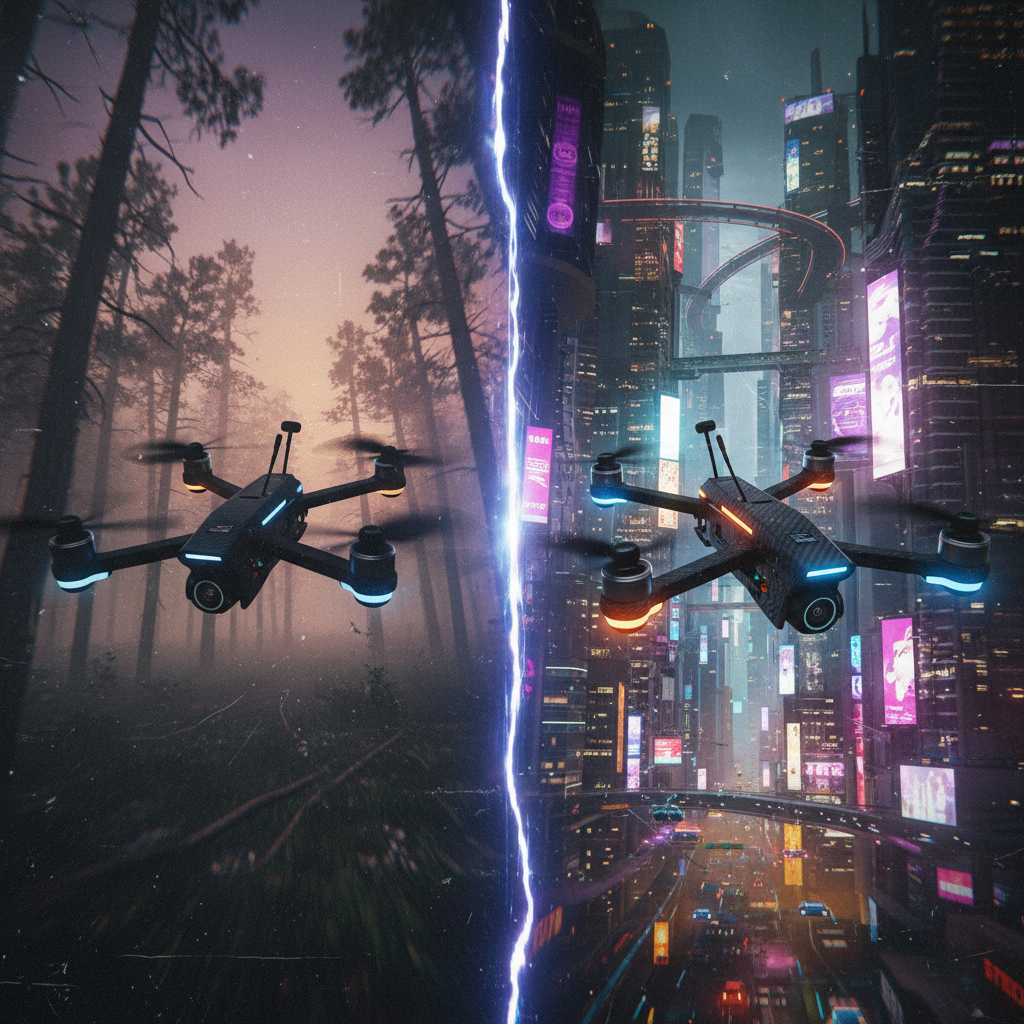 Dos drones idénticos volando sobre un bosque brumoso y una ciudad futurista divididos por un rayo de luz.