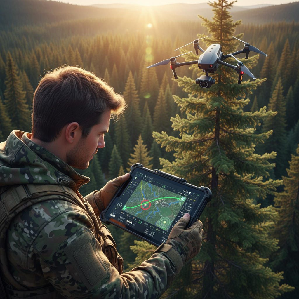 Un operador militar con ropa de camuflaje utiliza una tableta para pilotar un dron sobre un bosque al atardecer.