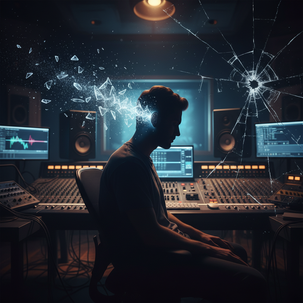 Productor musical sentado en un estudio de grabación frente a una consola con una representación visual de efectos de sonido fragmentándose desde su cabeza.