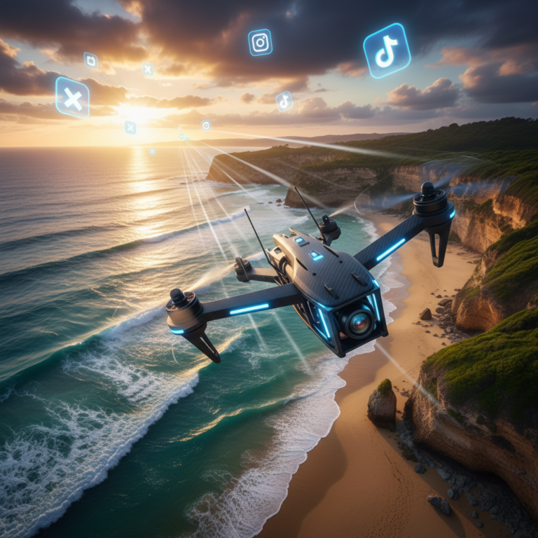 dron de alta tecnología volando sobre una playa al atardecer proyectando iconos holográficos de redes sociales hacia el horizonte.