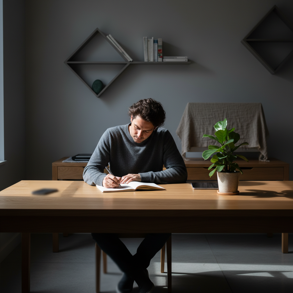 Hombre con suéter gris sentado en un escritorio de madera escribiendo en un cuaderno junto a una planta.