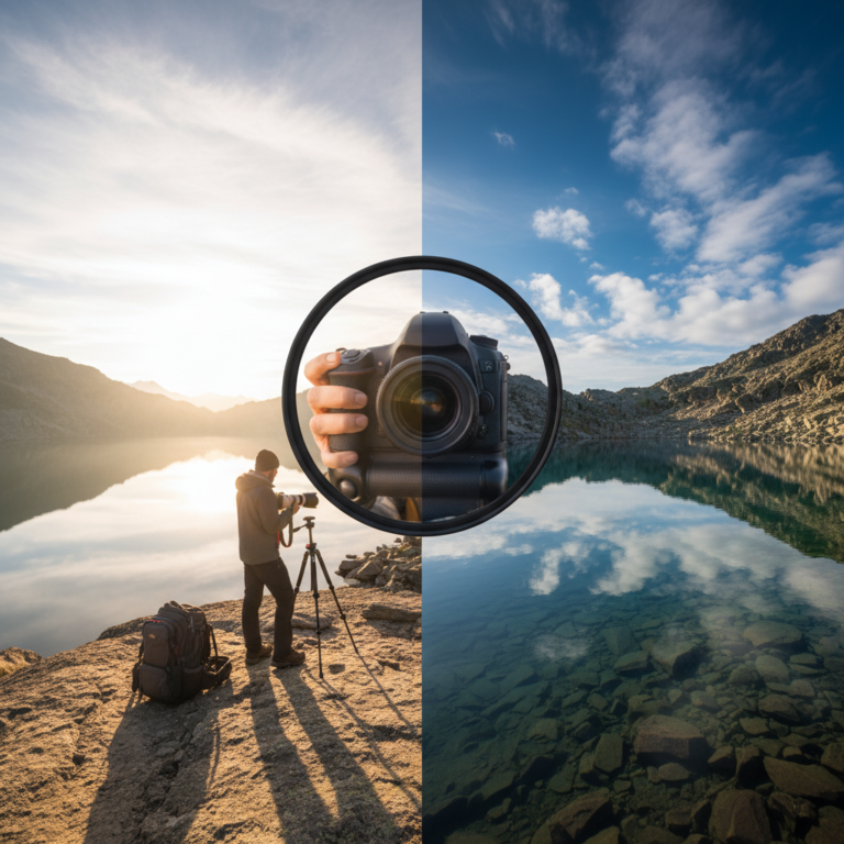 Fotógrafo de paisajes capturando un lago de montaña con un filtro circular que muestra la diferencia de polarización en el agua.