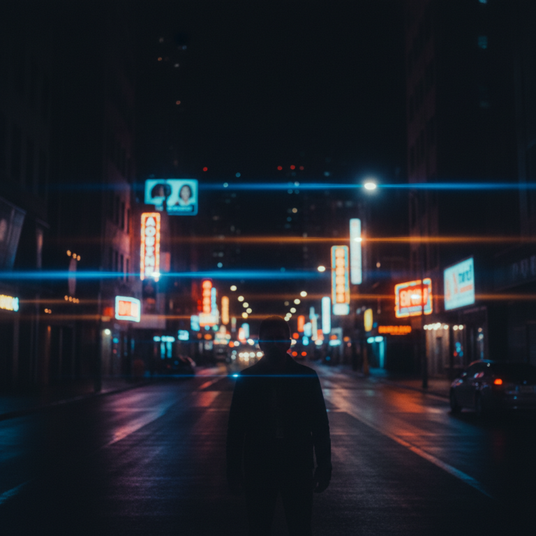 Silueta de una persona de pie en el centro de una calle urbana vacía durante la noche, rodeada de letreros de neón brillantes con efectos de destello horizontal.