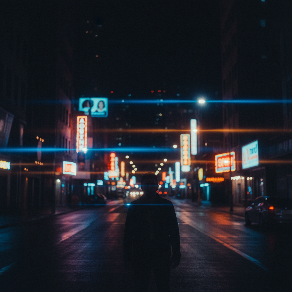 Silueta de una persona de pie en el centro de una calle urbana vacía durante la noche, rodeada de letreros de neón brillantes con efectos de destello horizontal.
