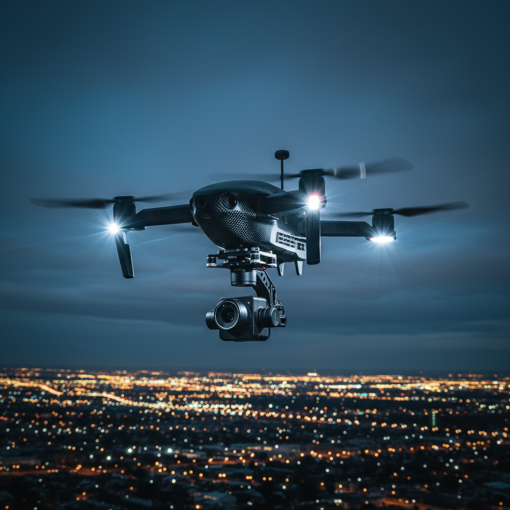 Un dron de color oscuro volando durante la noche sobre una ciudad iluminada con luces urbanas.